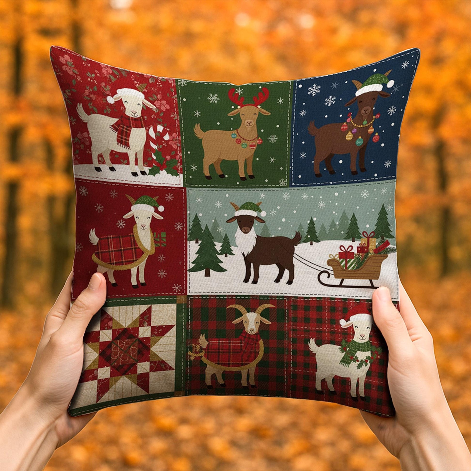Christmas Goat Pillow – Farmhouse Holiday Throw Cushion, Festive Patchwork Decor