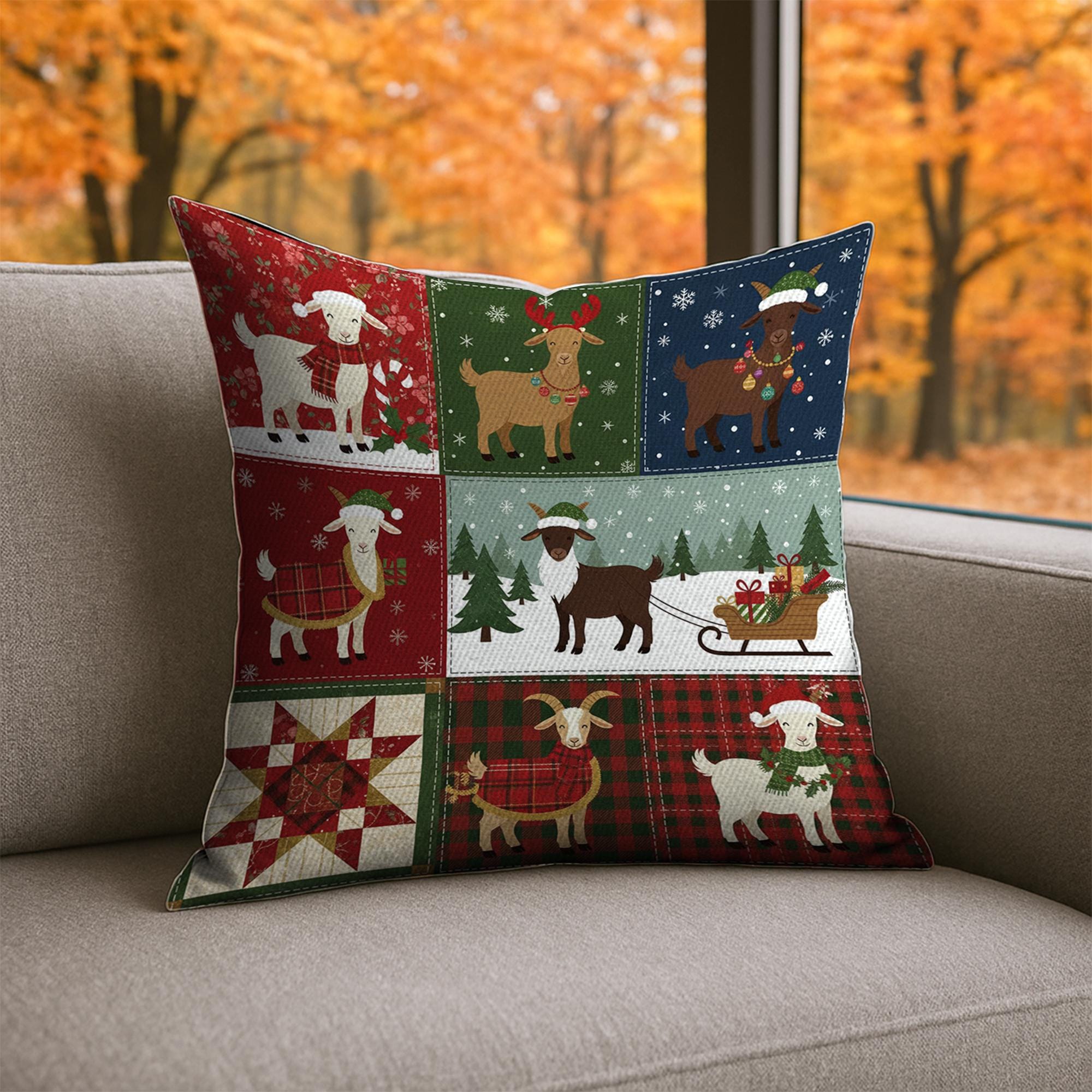 Christmas Goat Pillow – Farmhouse Holiday Throw Cushion, Festive Patchwork Decor