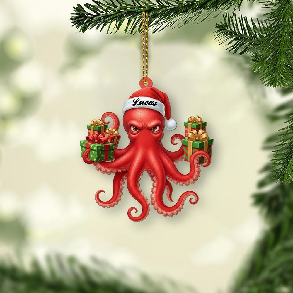 Personalized Octopus Christmas Ornament – Custom Name Holiday Decoration with Santa Hat and Gifts