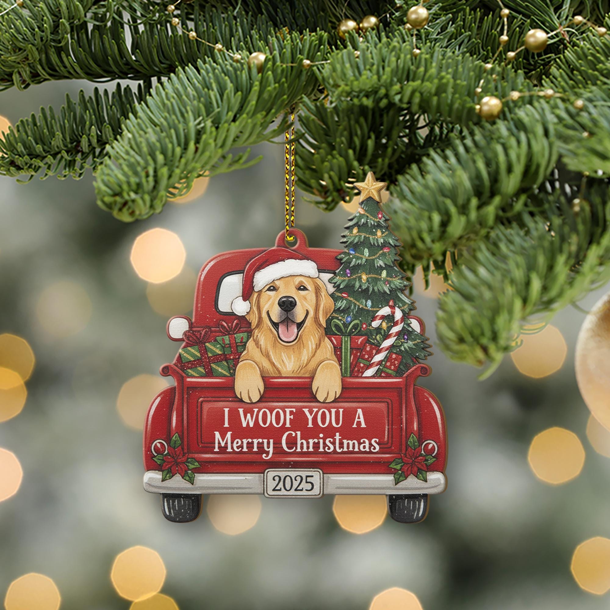 Personalized Dog Christmas Ornament – Custom Pet Name Decoration with Red Truck and Tree