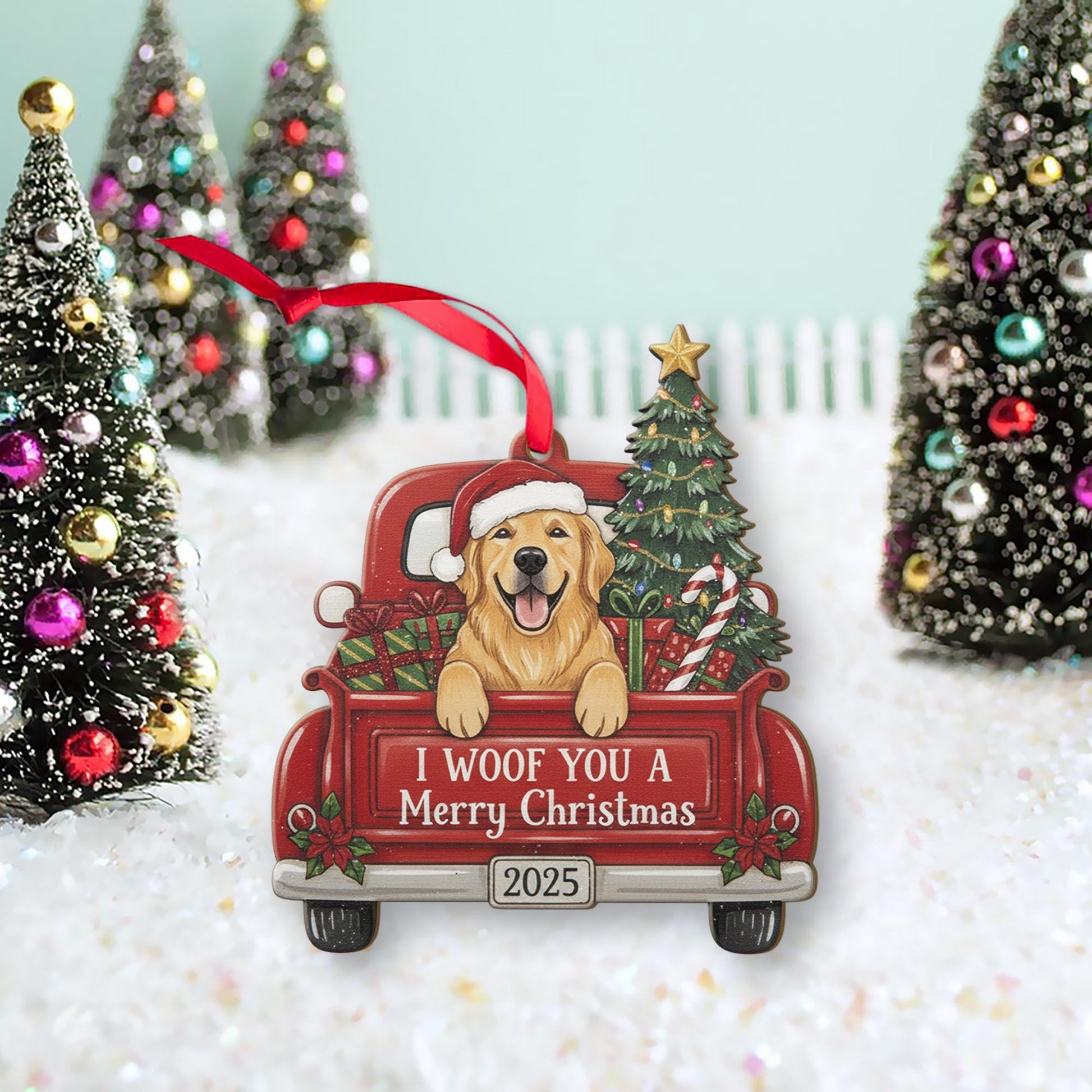 Personalized Dog Christmas Ornament – Custom Pet Name Decoration with Red Truck and Tree