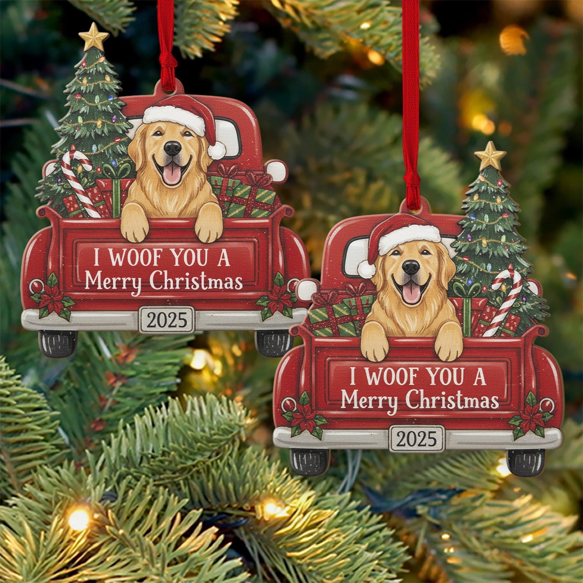 Personalized Dog Christmas Ornament – Custom Pet Name Decoration with Red Truck and Tree