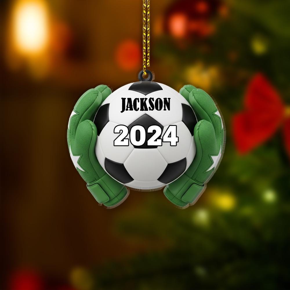 Personalized Soccer Ornament – Custom Name 2024 Christmas Decoration with Goalie Gloves