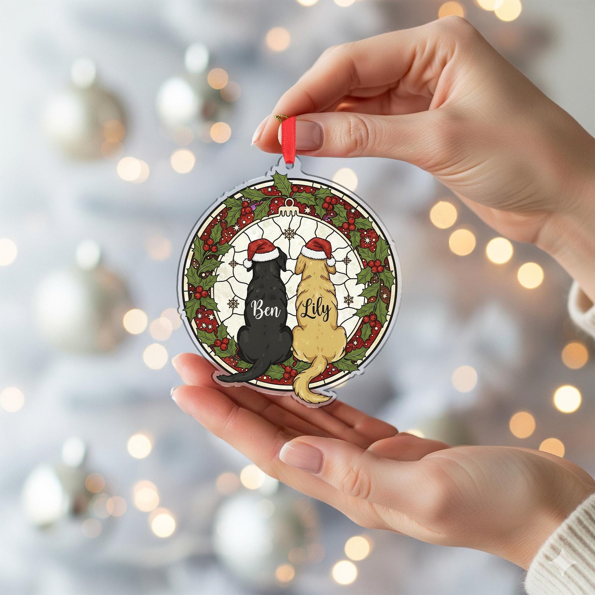 Personalized Dog Christmas Ornament – Custom Pet Name Decoration with Santa Hats and Wreath