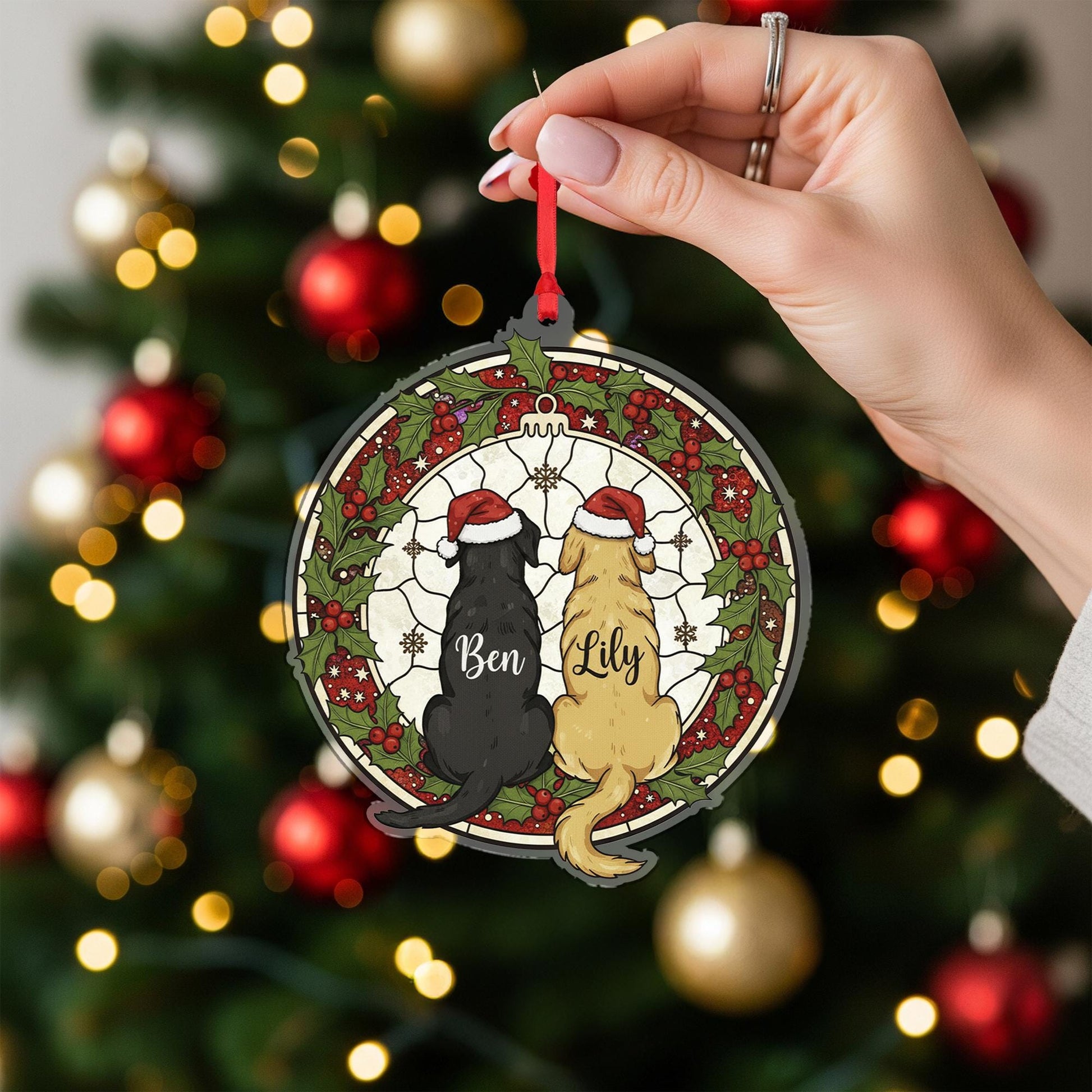 Personalized Dog Christmas Ornament – Custom Pet Name Decoration with Santa Hats and Wreath