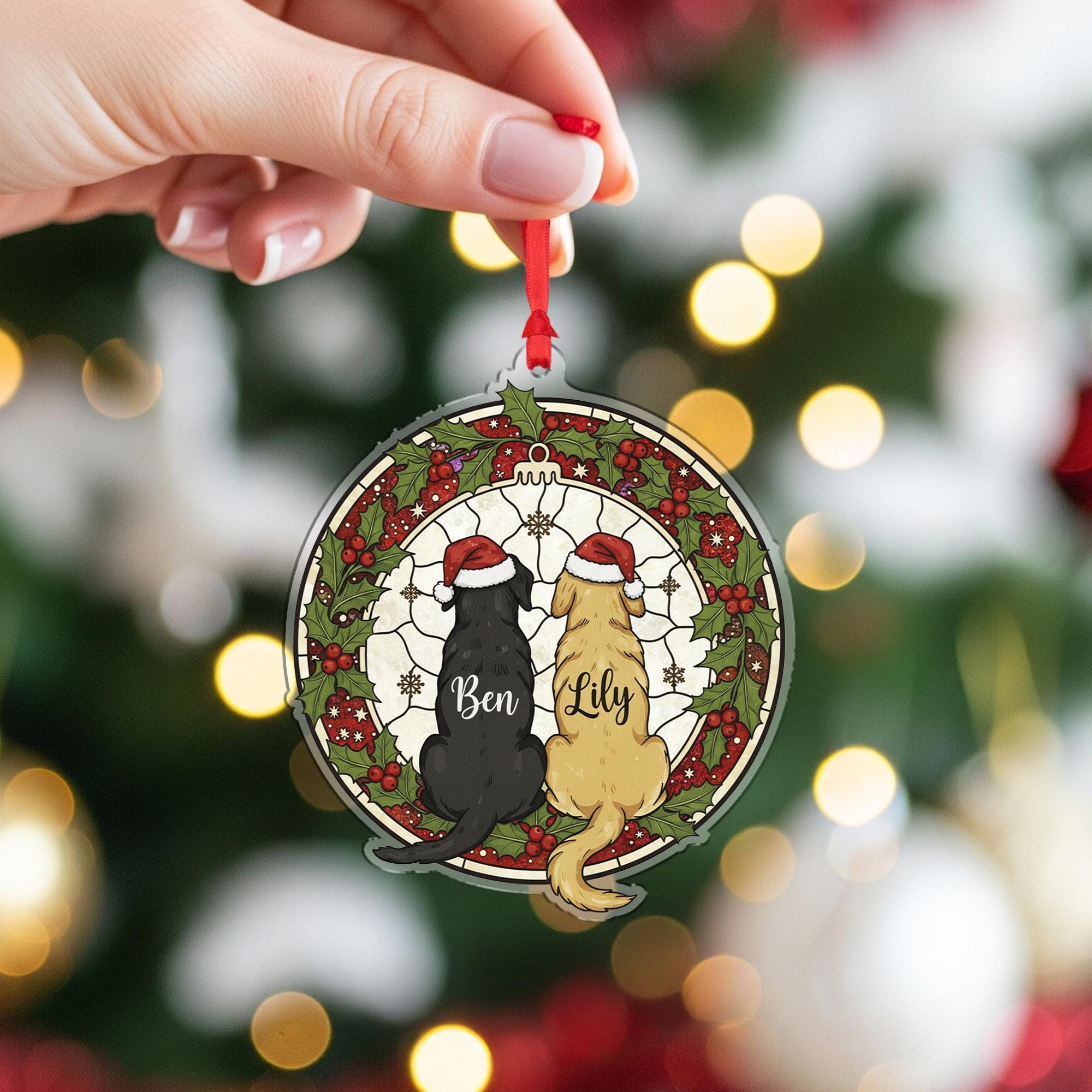 Personalized Dog Christmas Ornament – Custom Pet Name Decoration with Santa Hats and Wreath