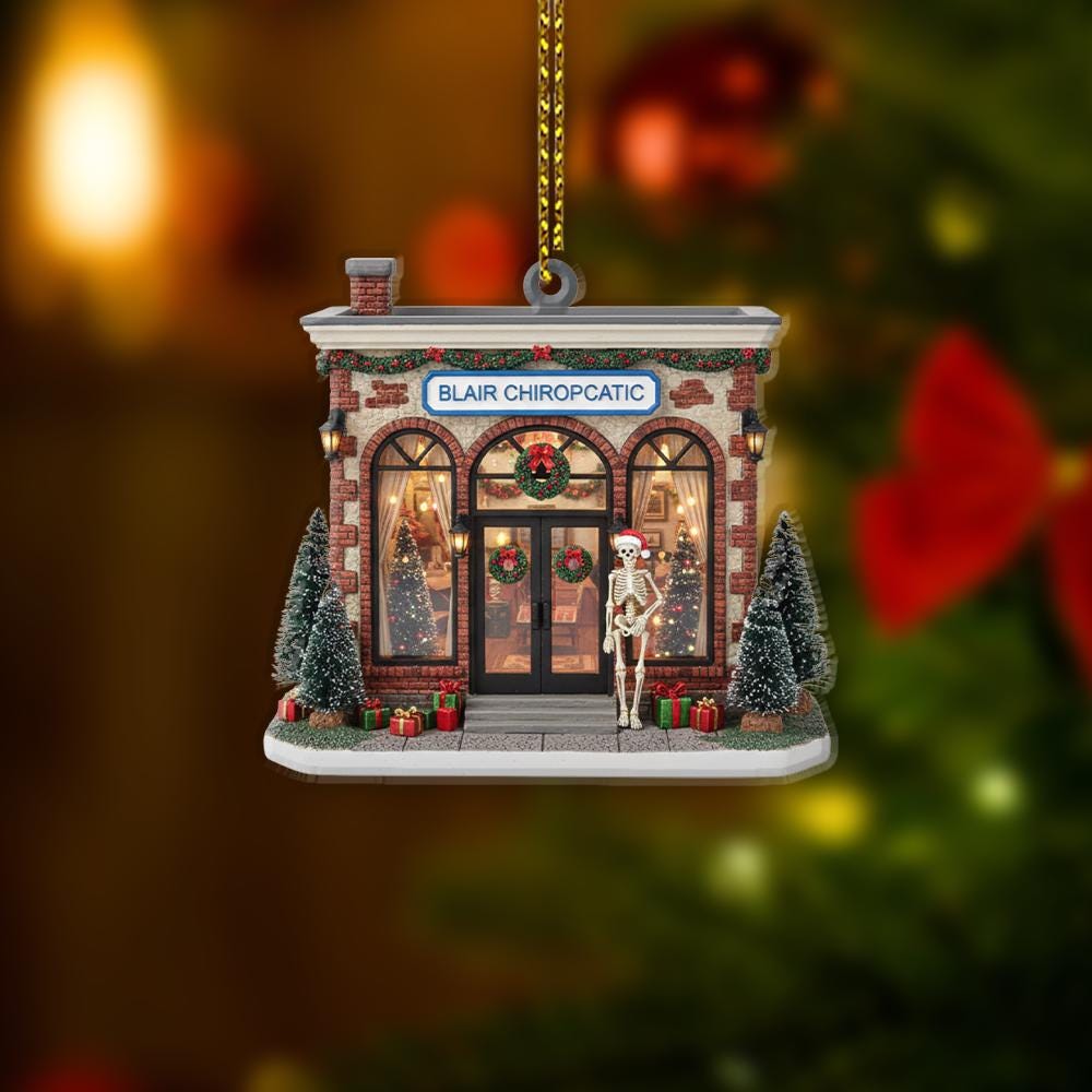 Chiropractic Office Ornament – Custom Name Christmas Decoration with Clinic Building and Skeleton