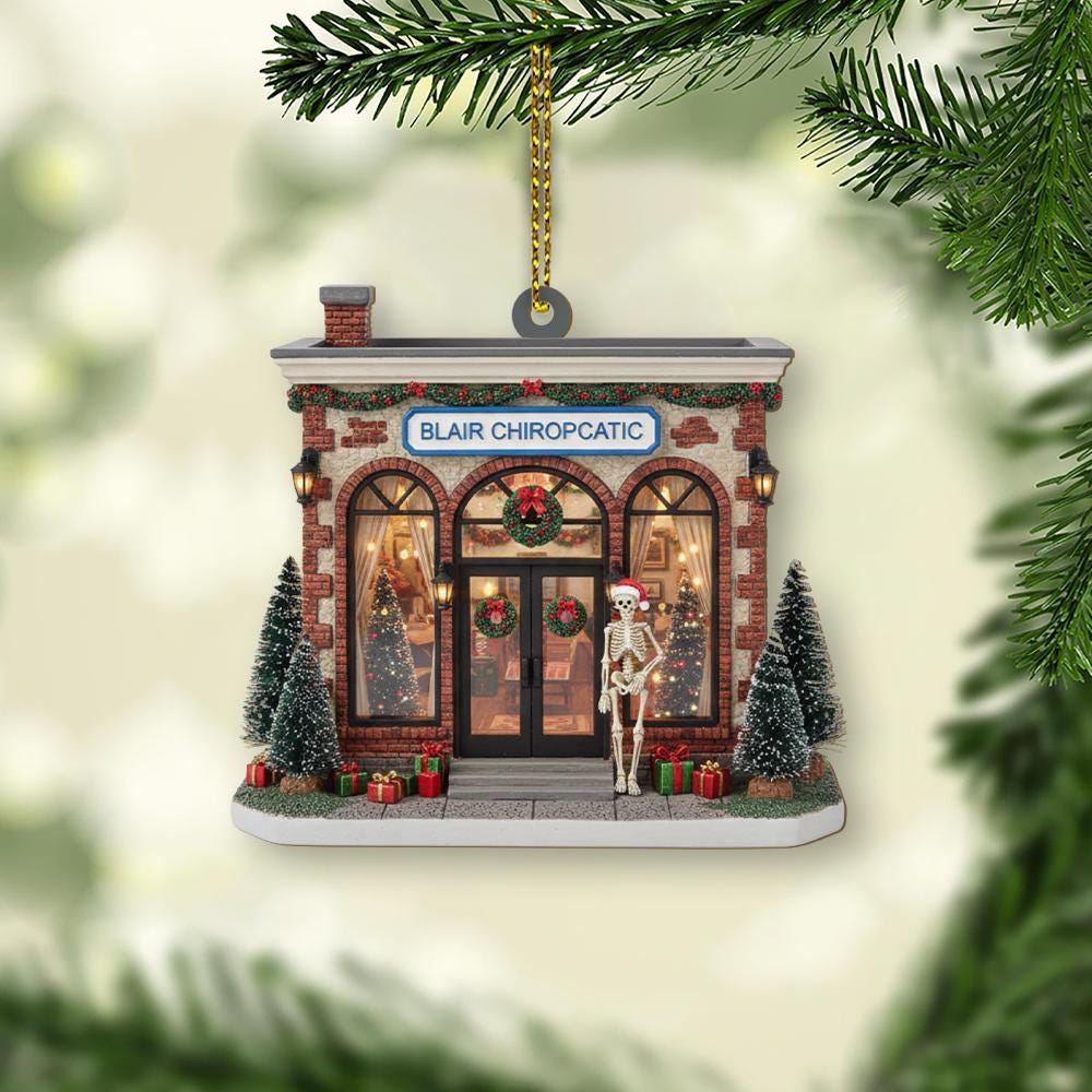 Chiropractic Office Ornament – Custom Name Christmas Decoration with Clinic Building and Skeleton