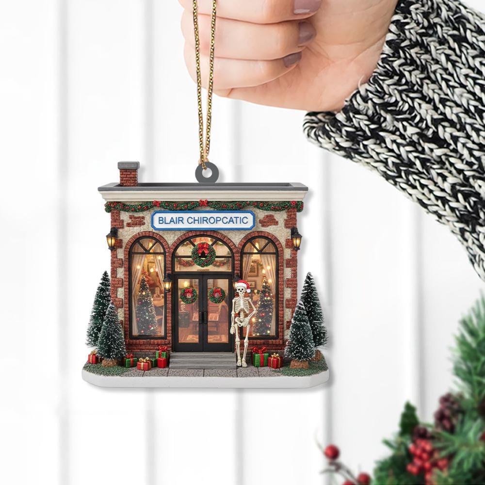 Chiropractic Office Ornament – Custom Name Christmas Decoration with Clinic Building and Skeleton