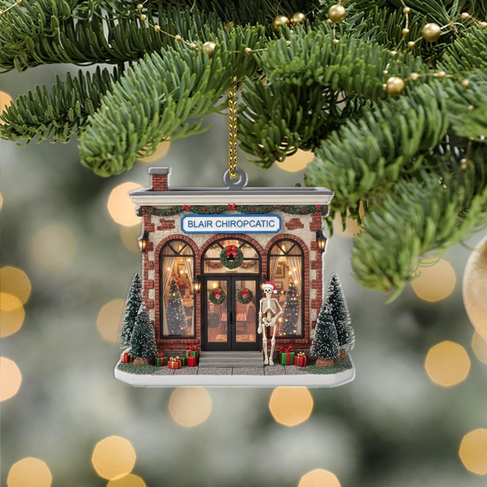 Chiropractic Office Ornament – Custom Name Christmas Decoration with Clinic Building and Skeleton