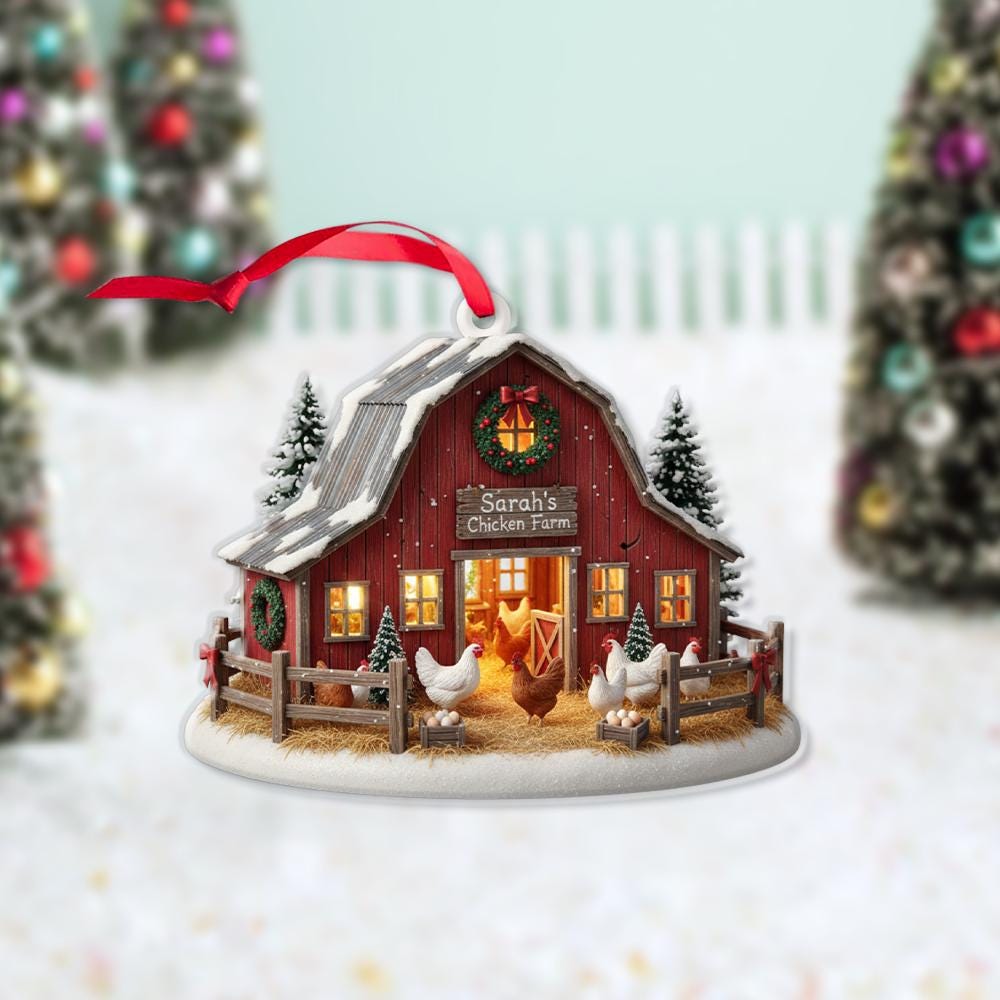 Personalized Farm Ornament – Custom Name Christmas Decoration with Barn and Chickens