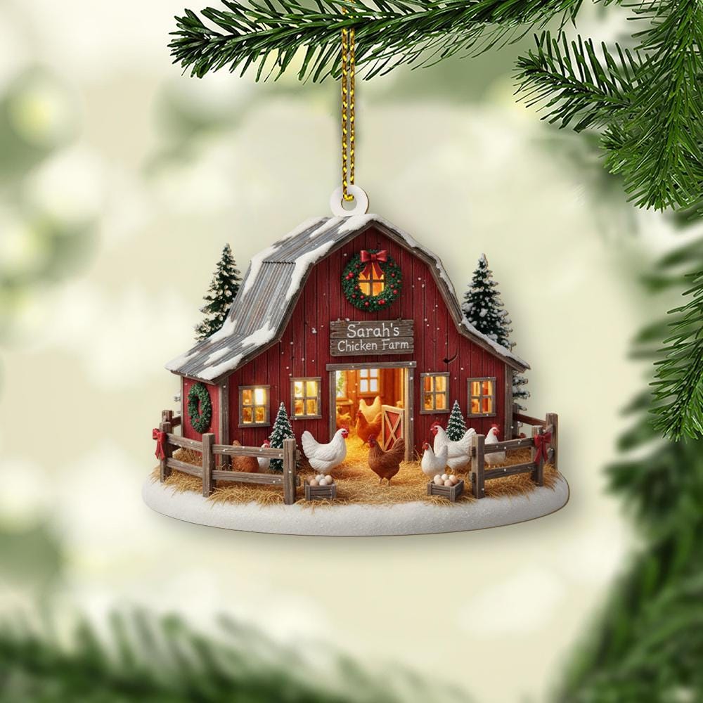 Personalized Farm Ornament – Custom Name Christmas Decoration with Barn and Chickens