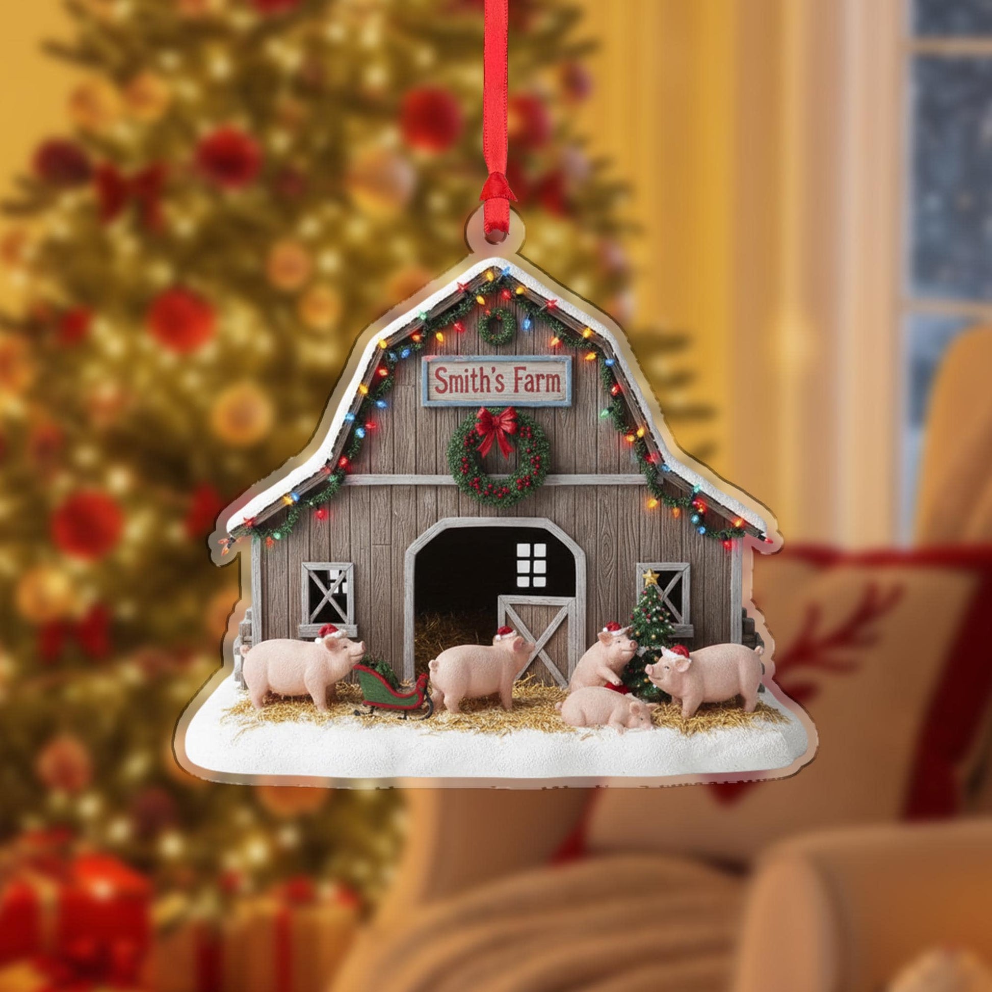 Personalized Farmhouse Barn Ornament – Custom Pig Christmas Decoration