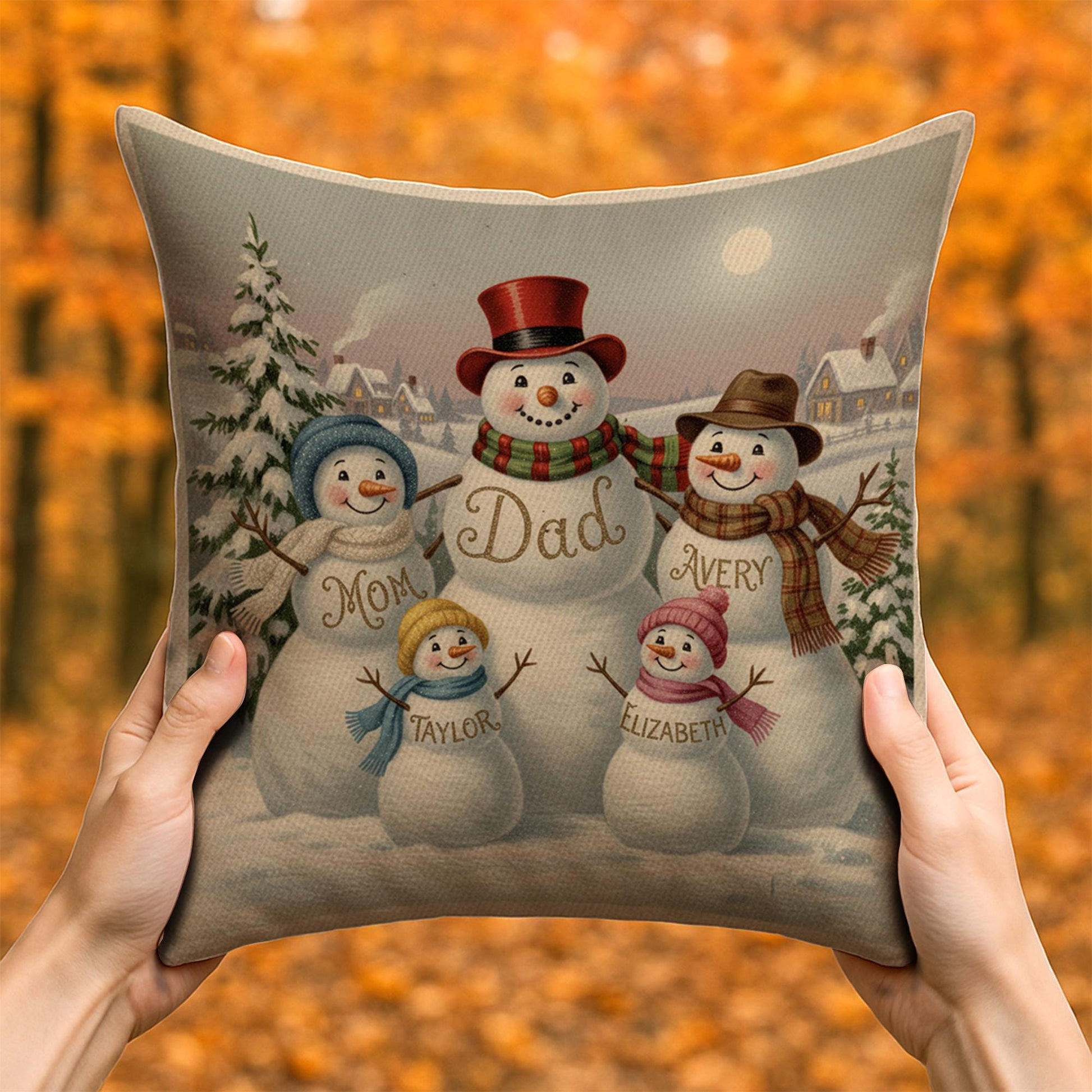 Custom Snowman Family Pillow – Personalized Christmas Cushion