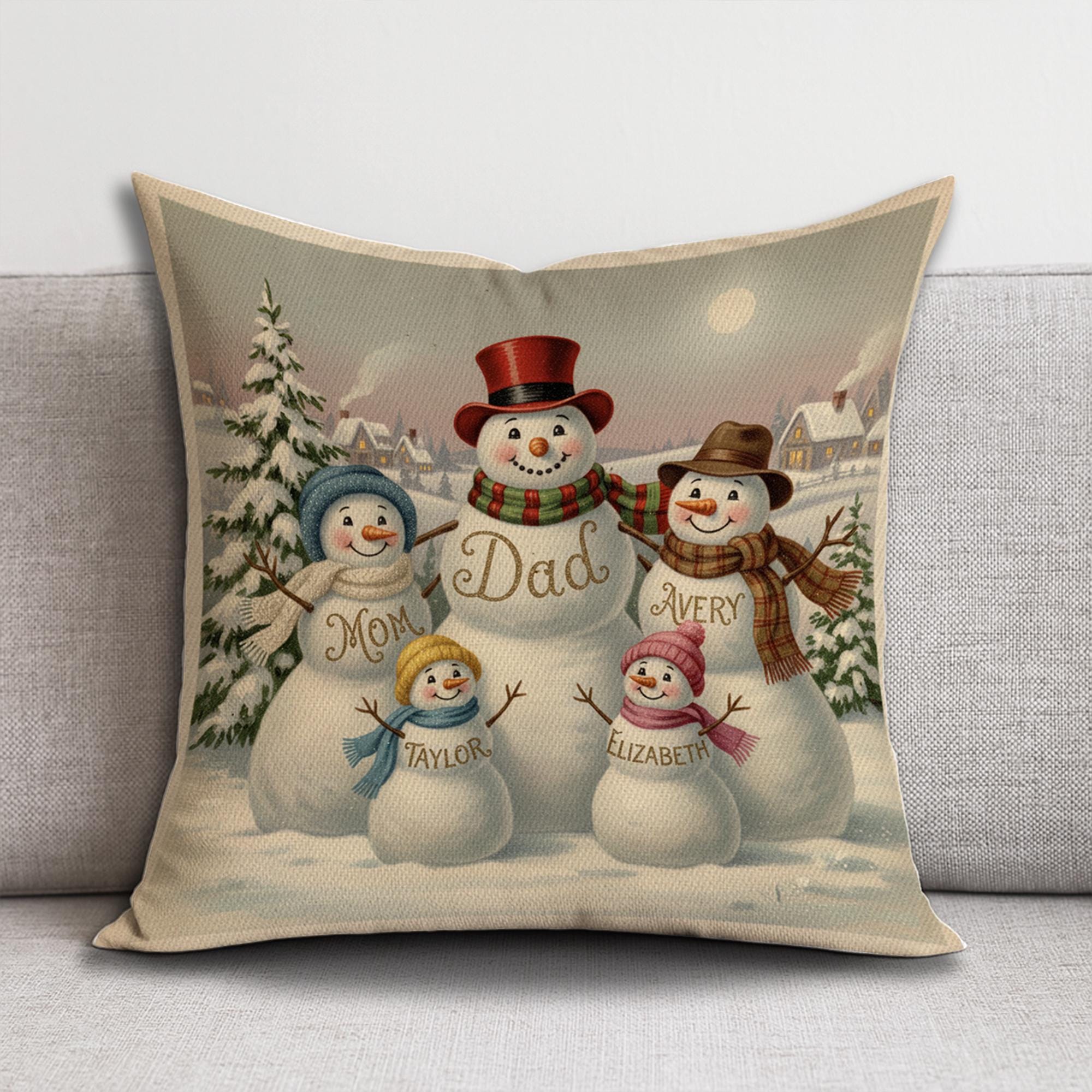 Custom Snowman Family Pillow – Personalized Christmas Cushion