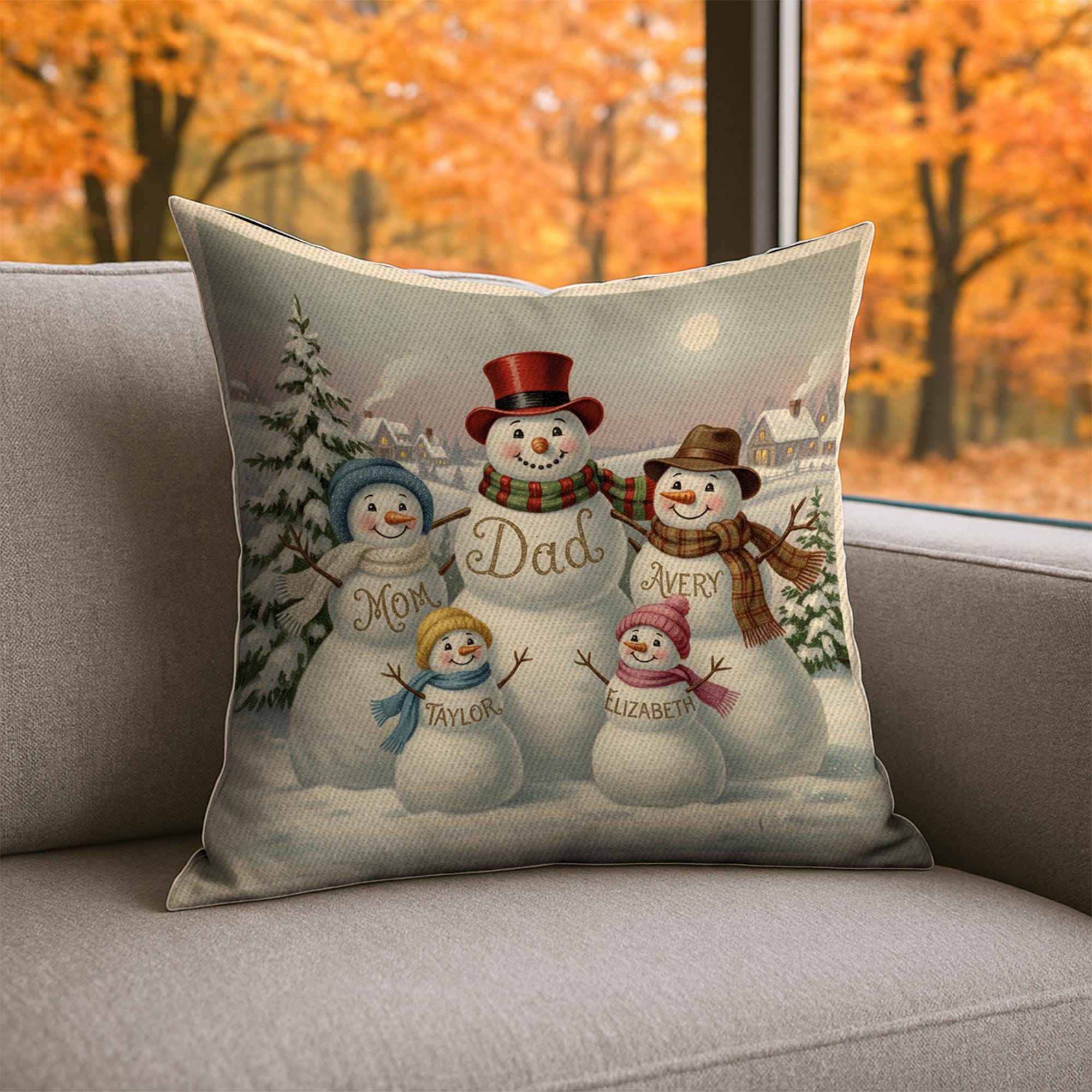Custom Snowman Family Pillow – Personalized Christmas Cushion