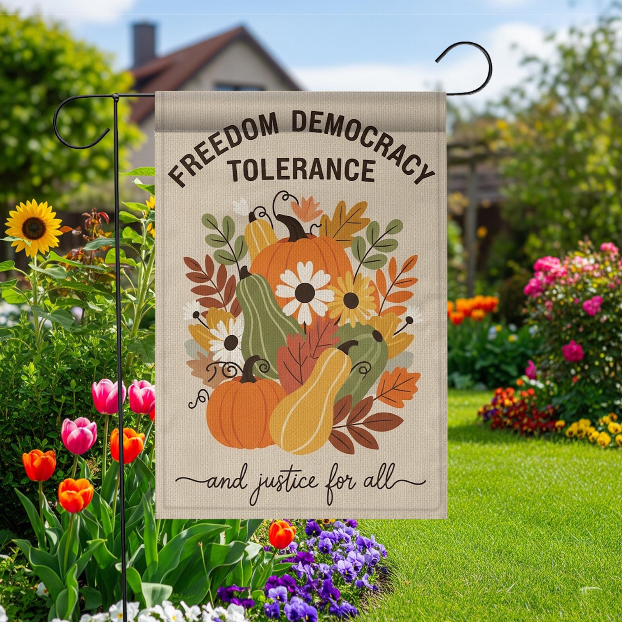 Patriotic Garden Flag – Outdoor Burlap Yard Decoration with Pumpkins and Fall Flowers