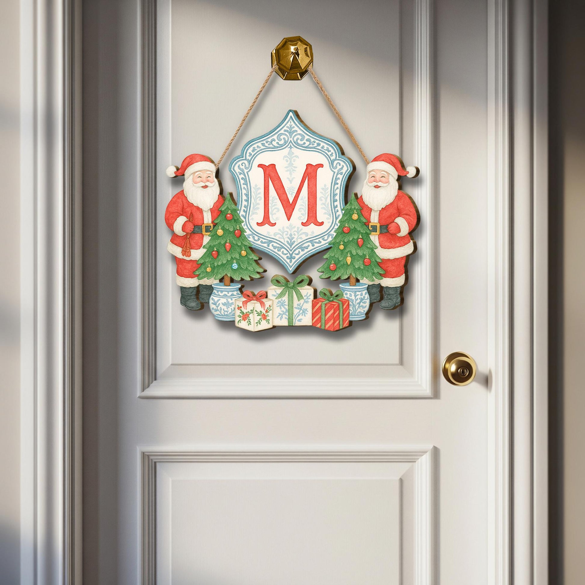 Personalized Christmas Wooden Door Sign – Custom Santa Monogram Holiday Decor