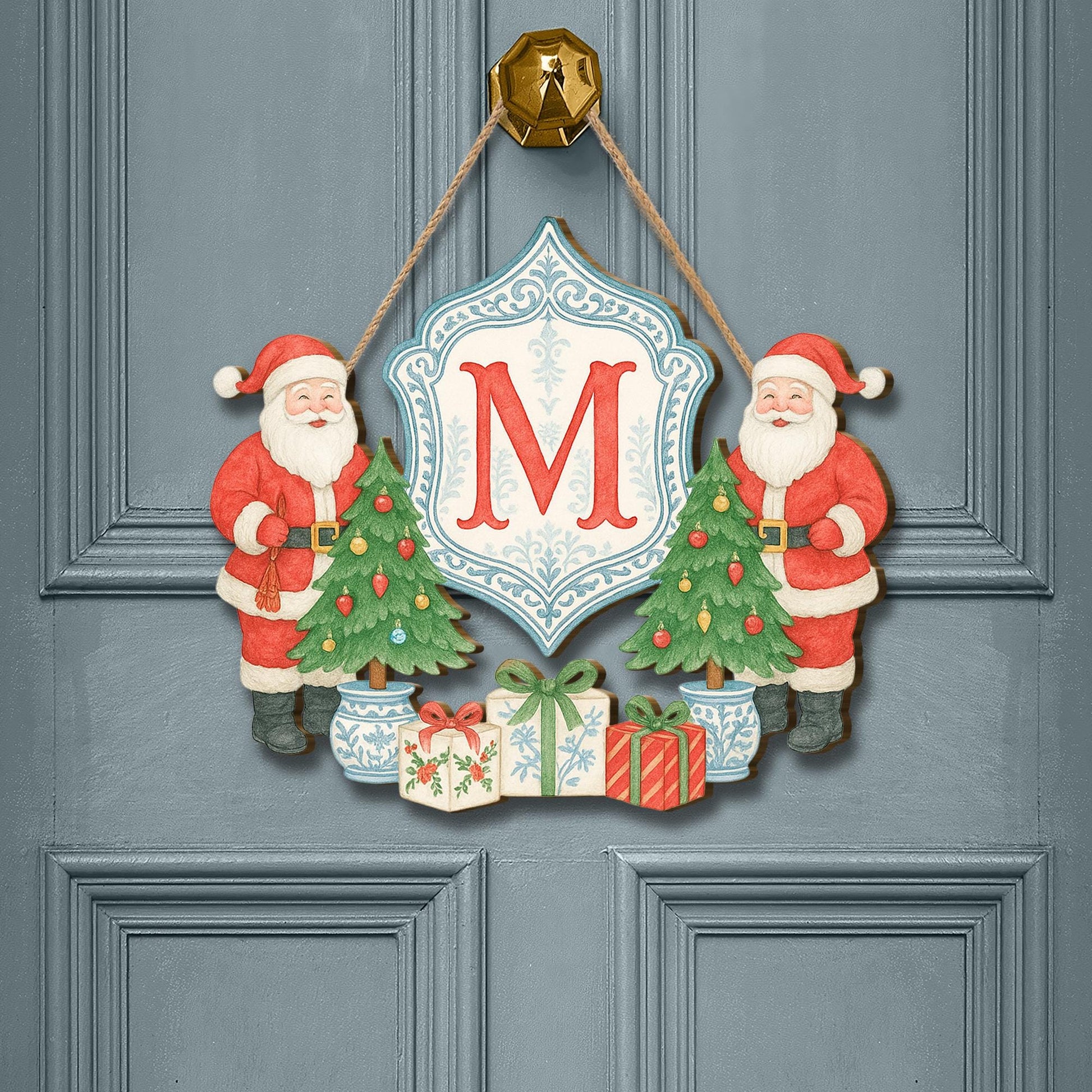Personalized Christmas Wooden Door Sign – Custom Santa Monogram Holiday Decor