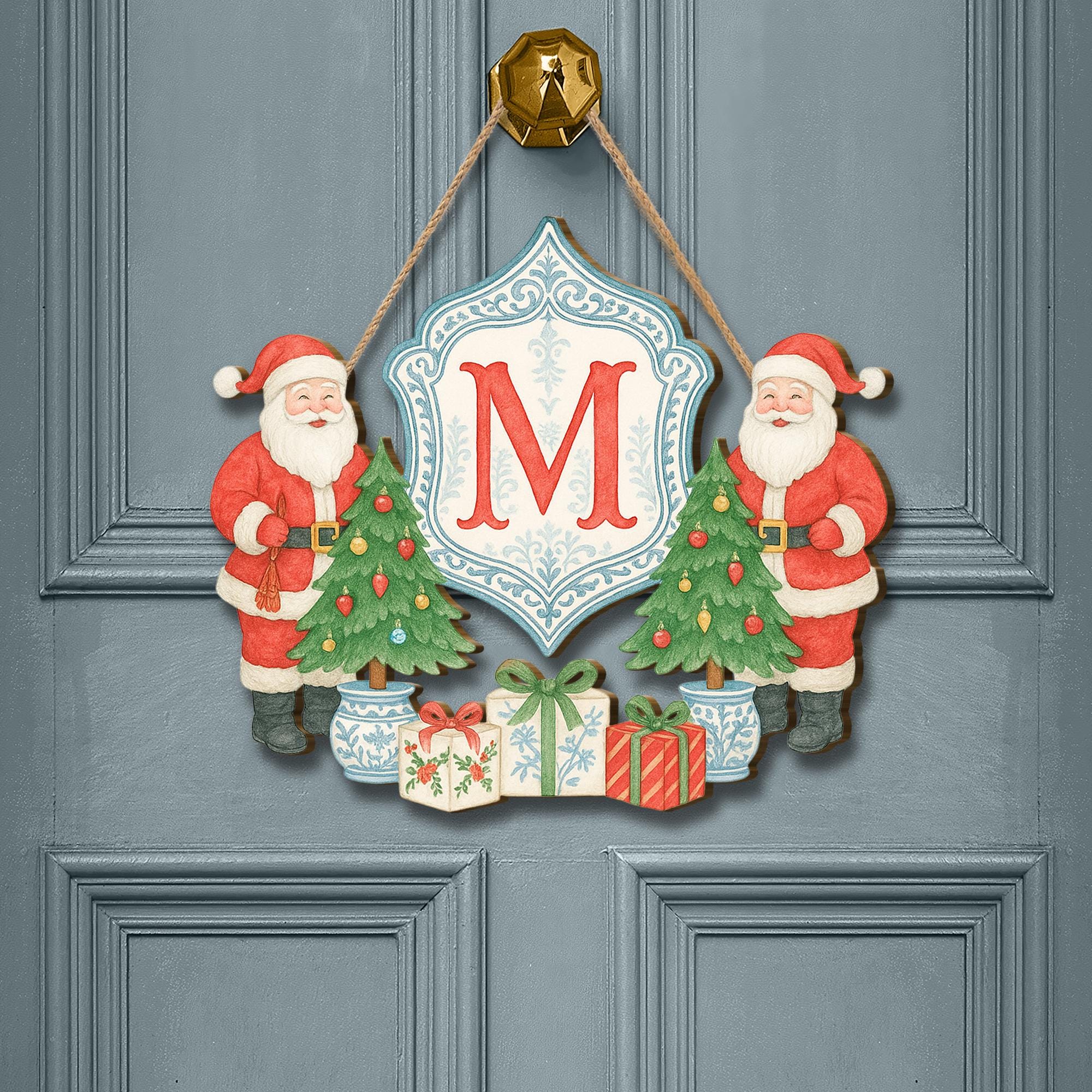 Personalized Christmas Wooden Door Sign – Custom Santa Monogram Holiday Decor