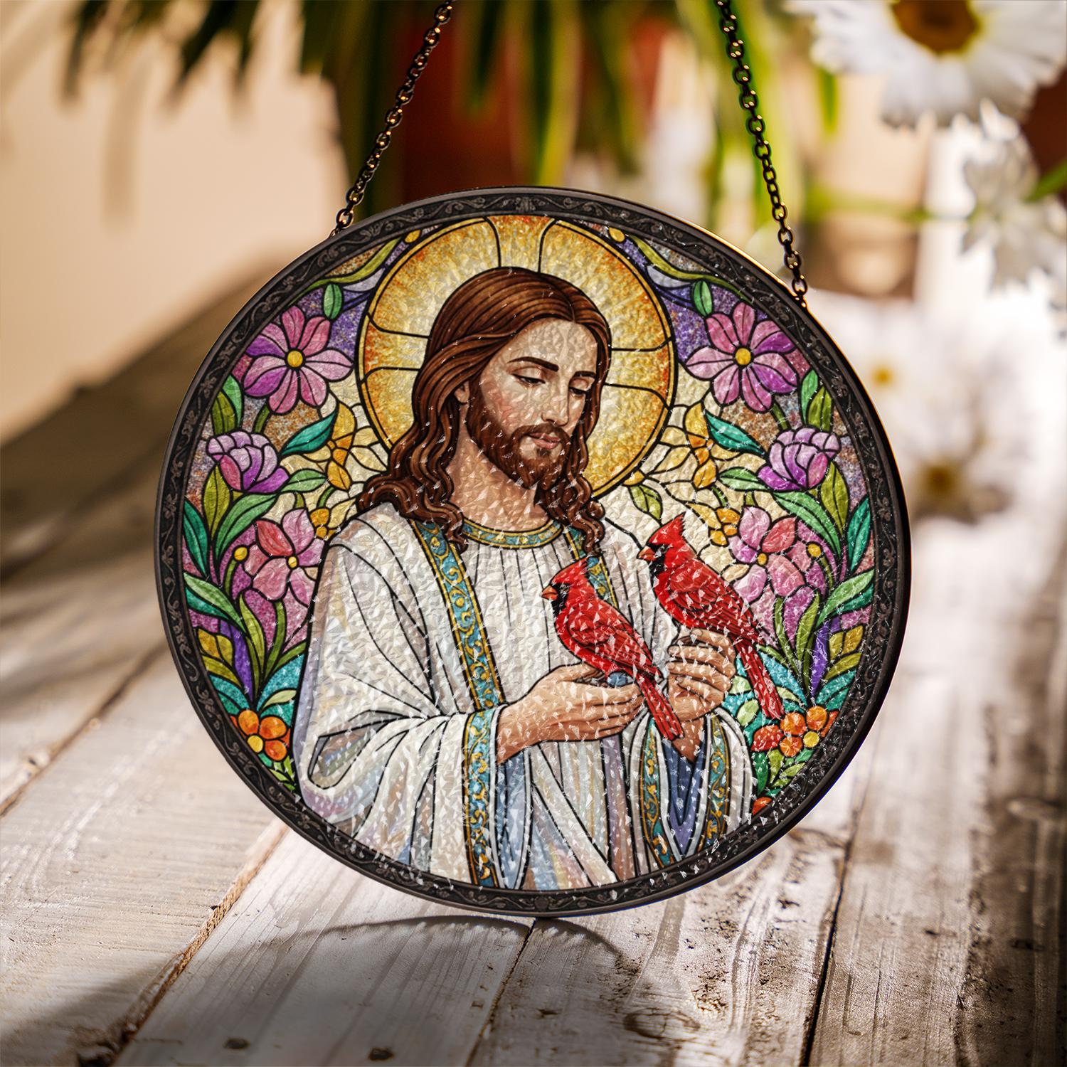 Jesus Suncatcher – Glass Hanging Decoration with Cardinals and Floral Stained Design