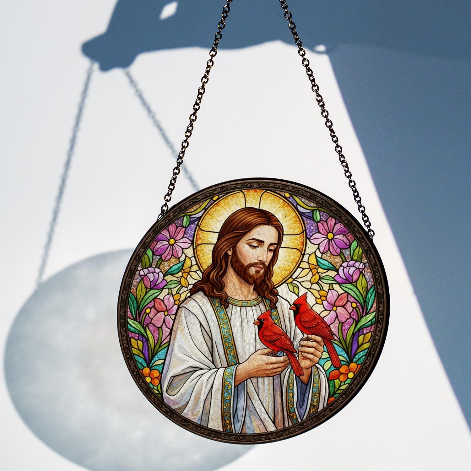 Jesus Suncatcher – Glass Hanging Decoration with Cardinals and Floral Stained Design