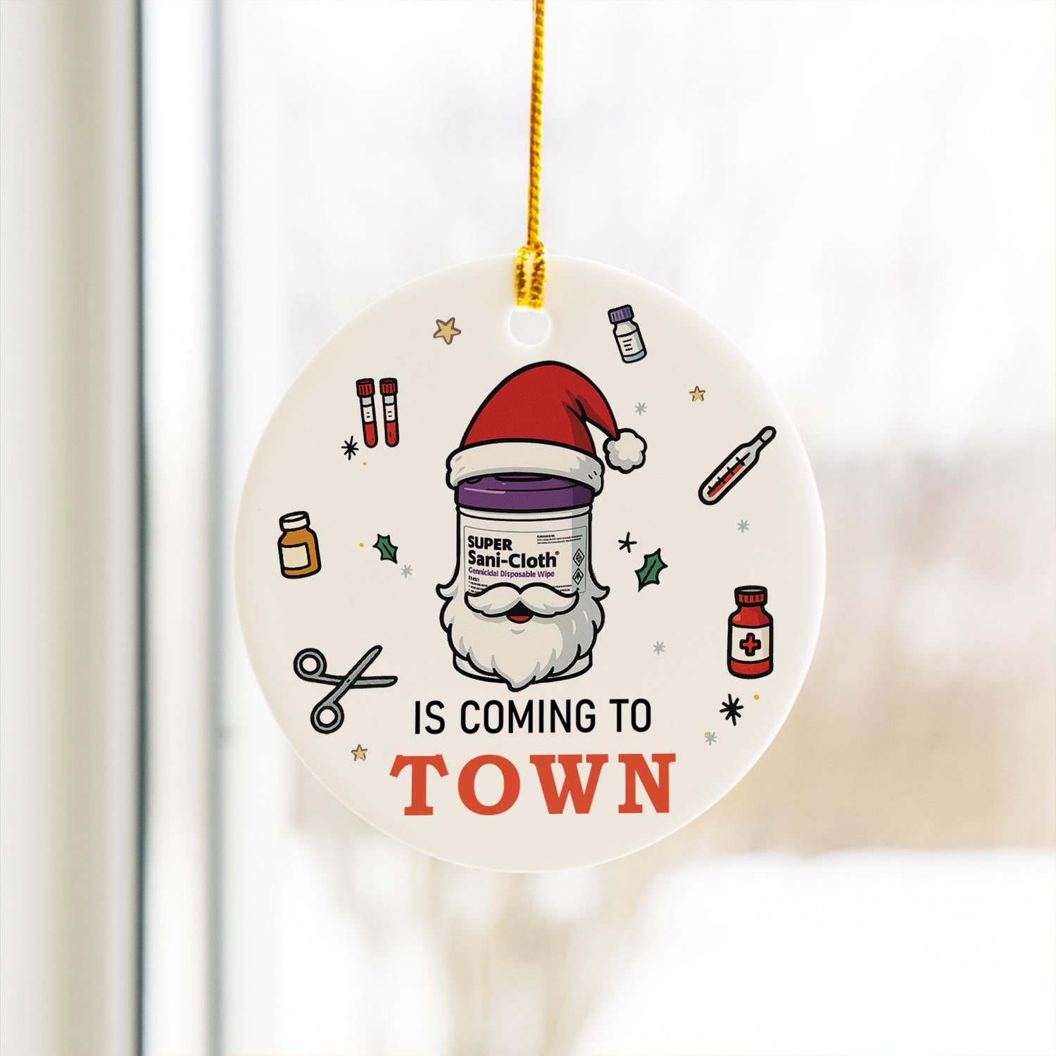 Nurse Ceramic Ornament – Disinfectant Wipes Illustration, Medical Icons, Round, Custom Name