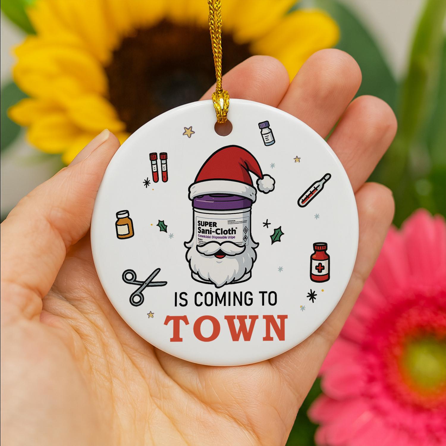 Nurse Ceramic Ornament – Disinfectant Wipes Illustration, Medical Icons, Round, Custom Name