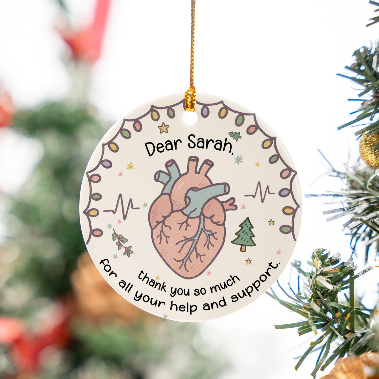 Cardiology Nurse Ceramic Ornament – Anatomical Heart, ECG Line, Custom Name