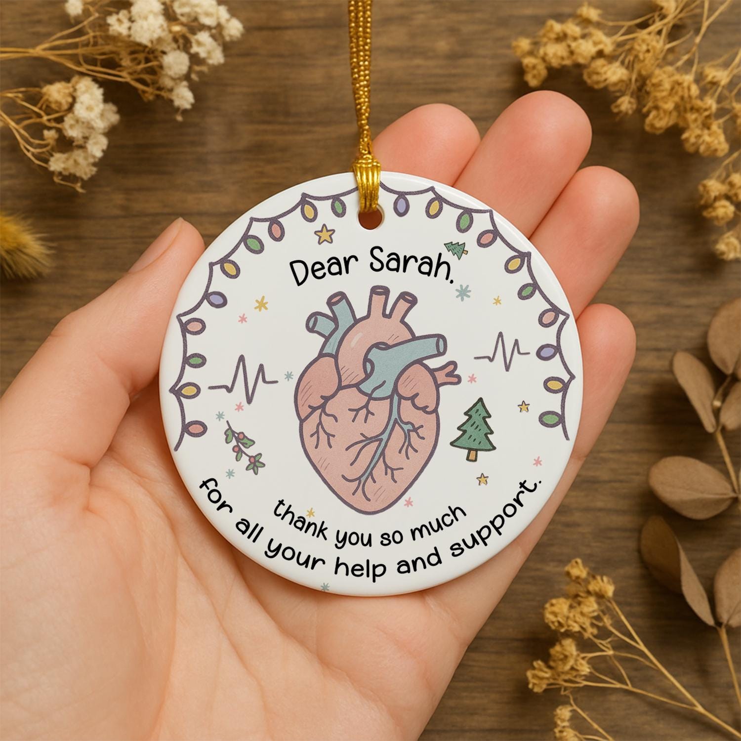 Cardiology Nurse Ceramic Ornament – Anatomical Heart, ECG Line, Custom Name
