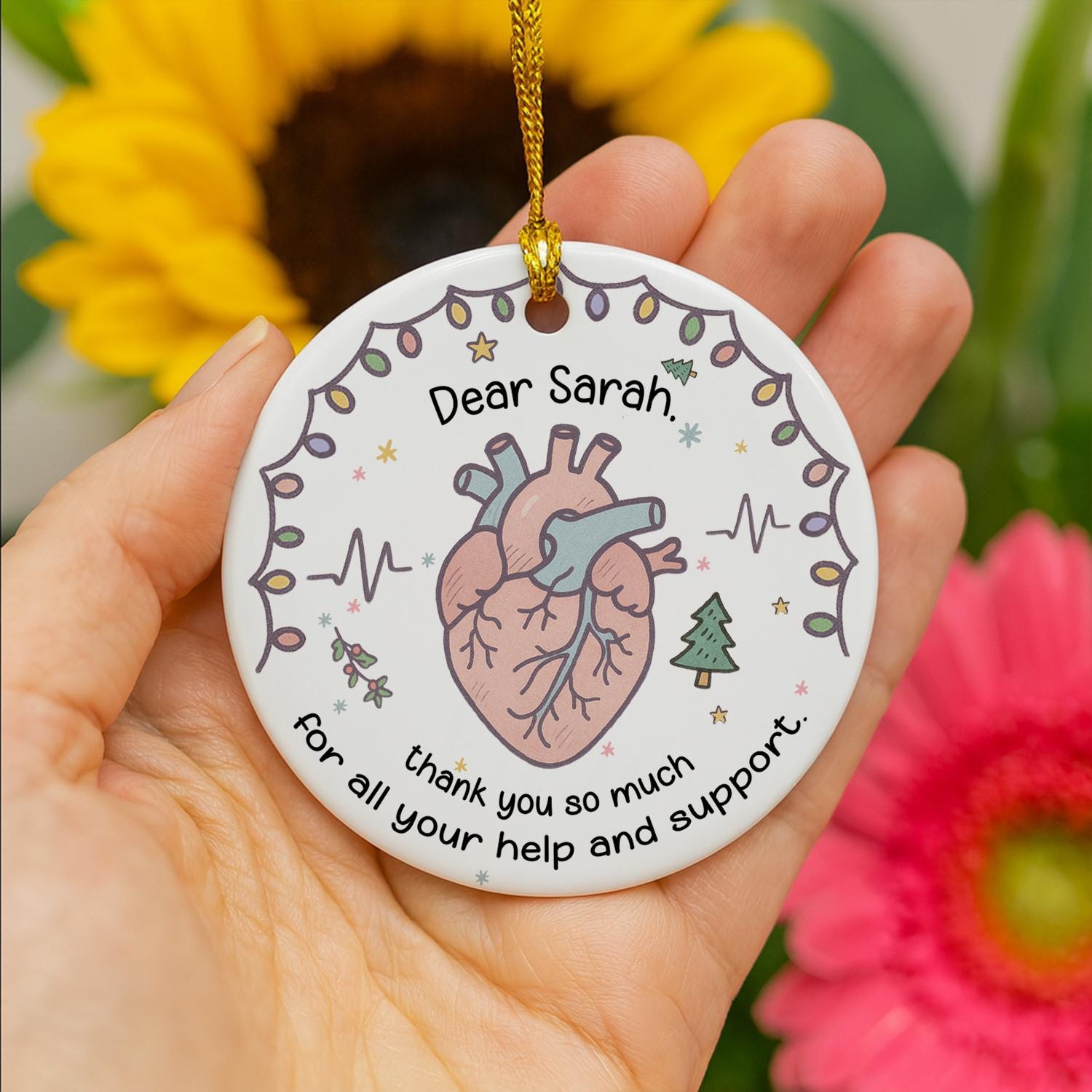 Cardiology Nurse Ceramic Ornament – Anatomical Heart, ECG Line, Custom Name