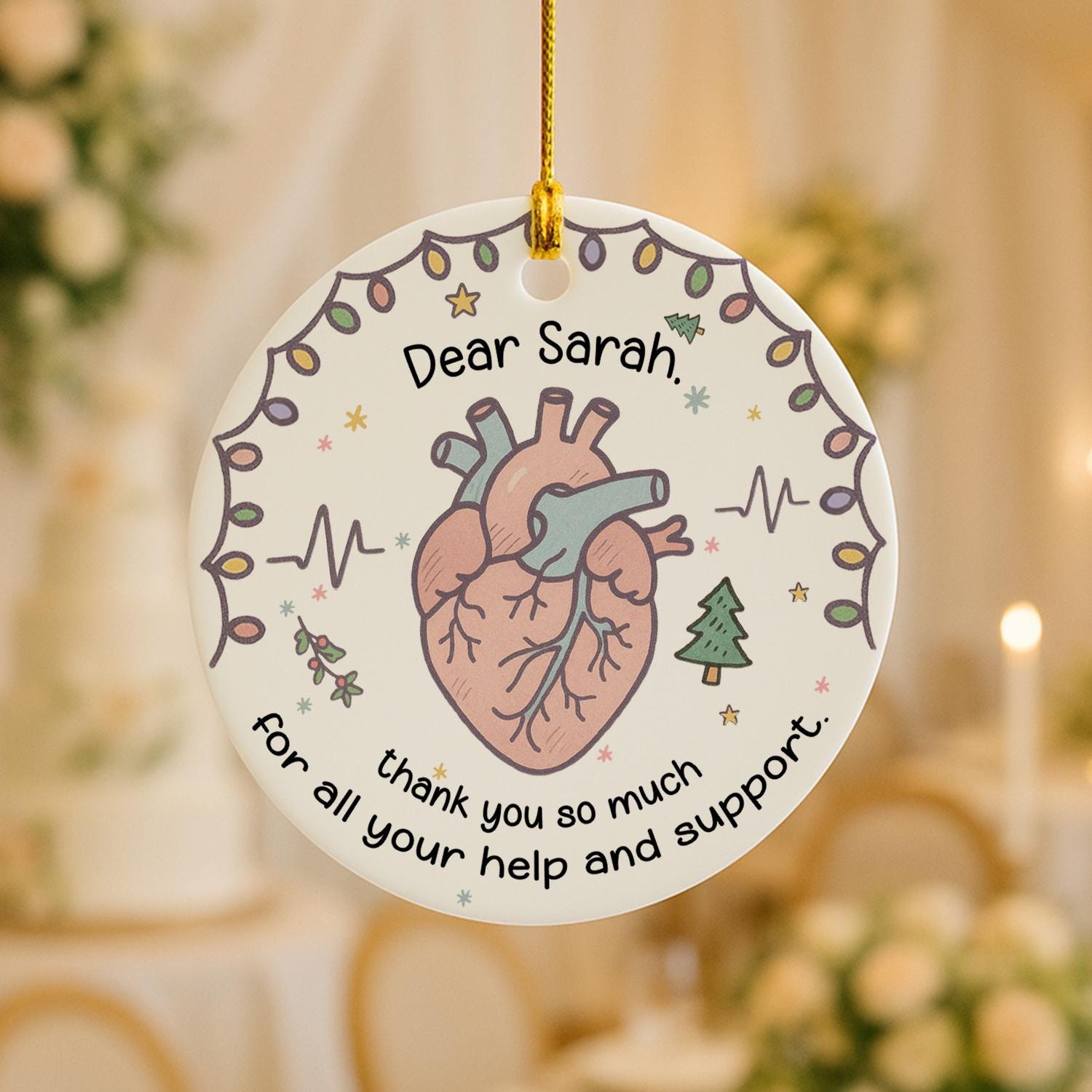 Cardiology Nurse Ceramic Ornament – Anatomical Heart, ECG Line, Custom Name