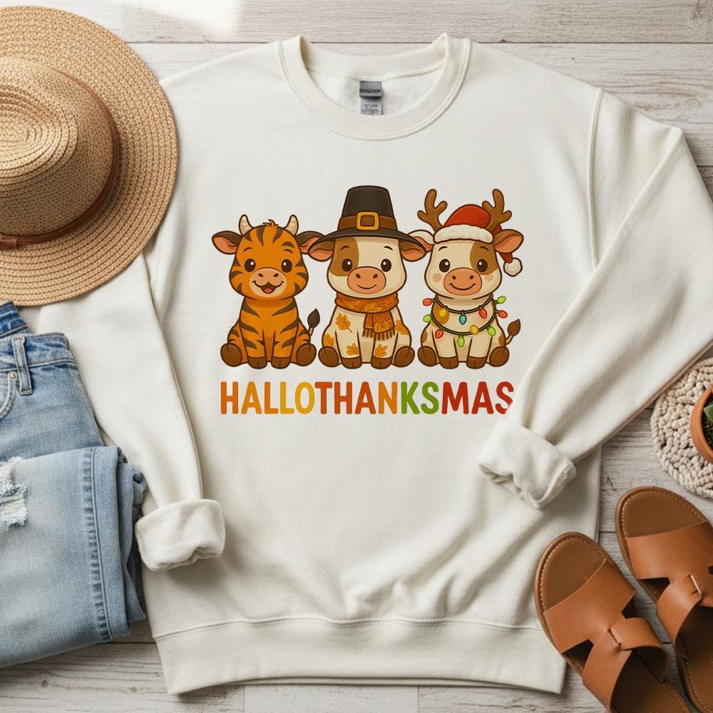 Hallothanksmas Sweatshirt – Unisex Pullover with Holiday Cow and Tiger Graphic Design