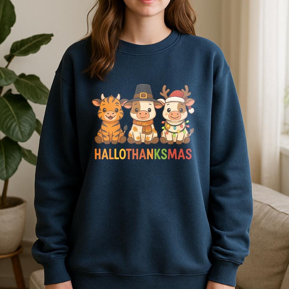 Hallothanksmas Sweatshirt – Unisex Pullover with Holiday Cow and Tiger Graphic Design