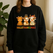 Hallothanksmas Sweatshirt – Unisex Pullover with Holiday Cow and Tiger Graphic Design