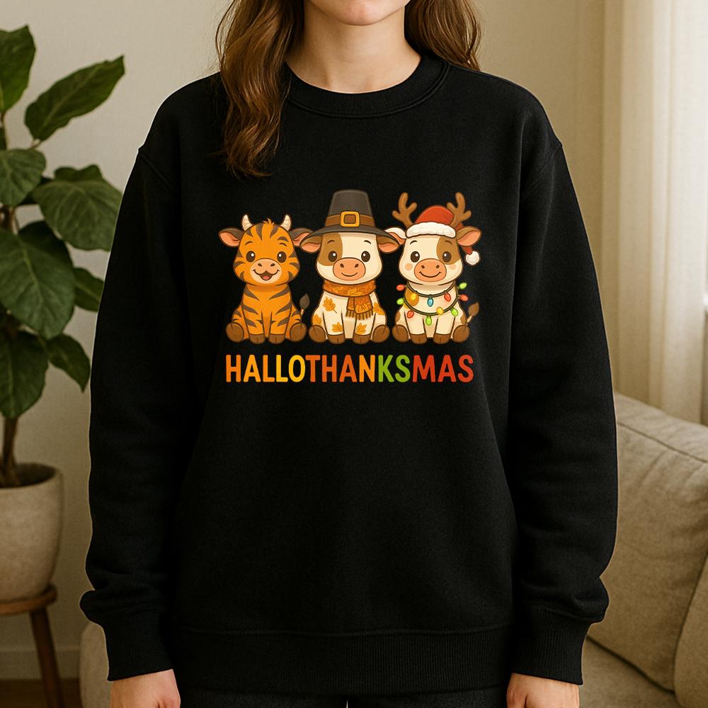 Hallothanksmas Sweatshirt – Unisex Pullover with Holiday Cow and Tiger Graphic Design
