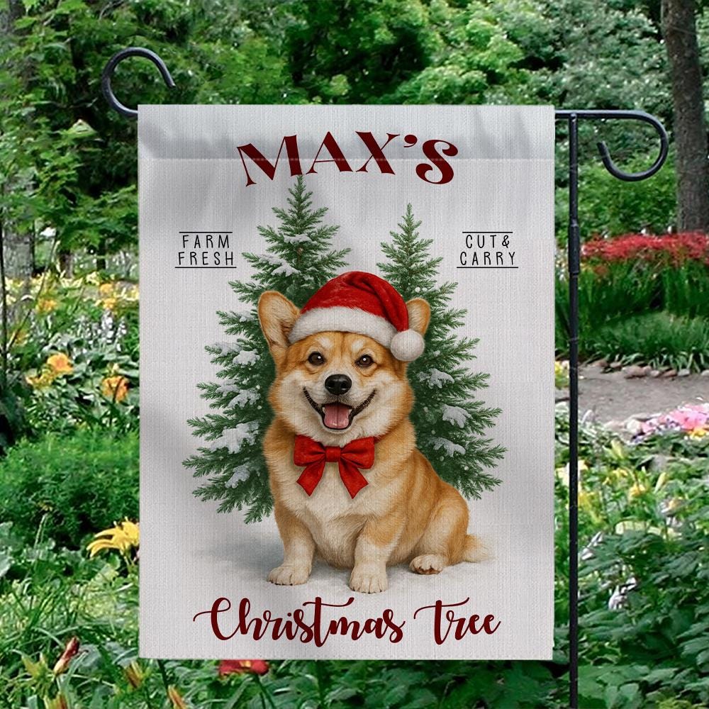 Personalized Christmas Garden Flag – Custom Dog Yard Decoration with Santa Hat and Tree Design