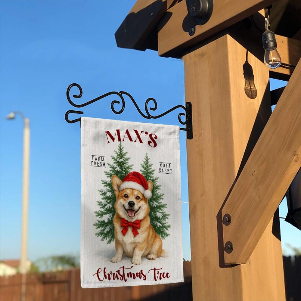 Personalized Christmas Garden Flag – Custom Dog Yard Decoration with Santa Hat and Tree Design