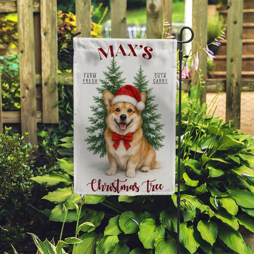 Personalized Christmas Garden Flag – Custom Dog Yard Decoration with Santa Hat and Tree Design