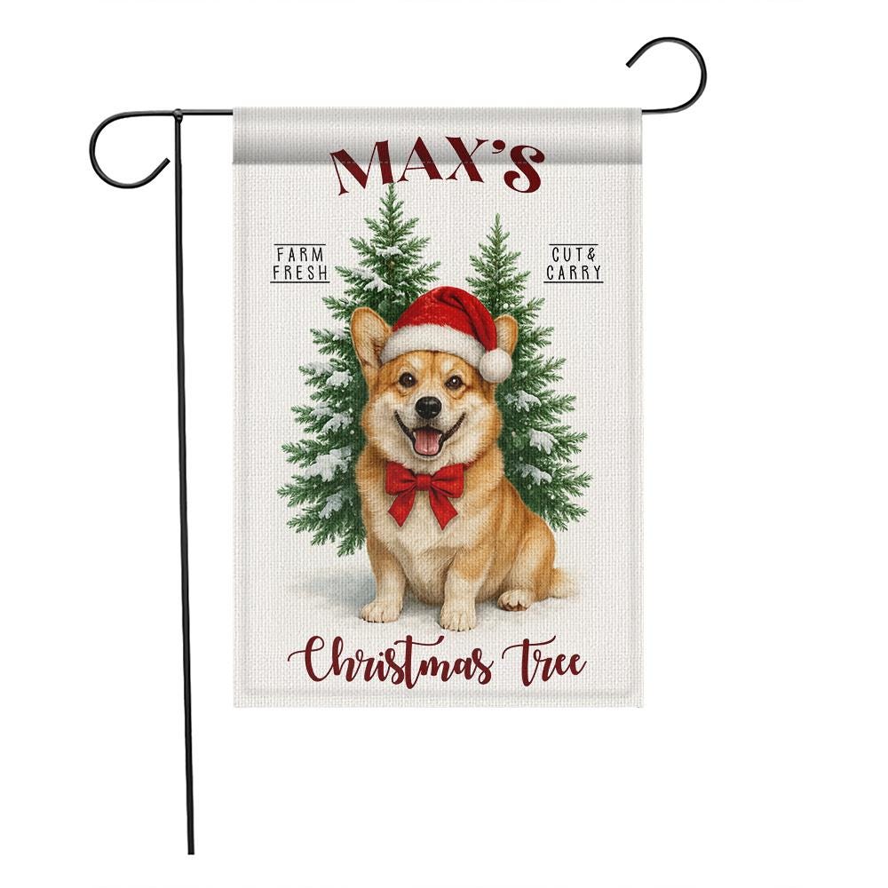 Personalized Christmas Garden Flag – Custom Dog Yard Decoration with Santa Hat and Tree Design
