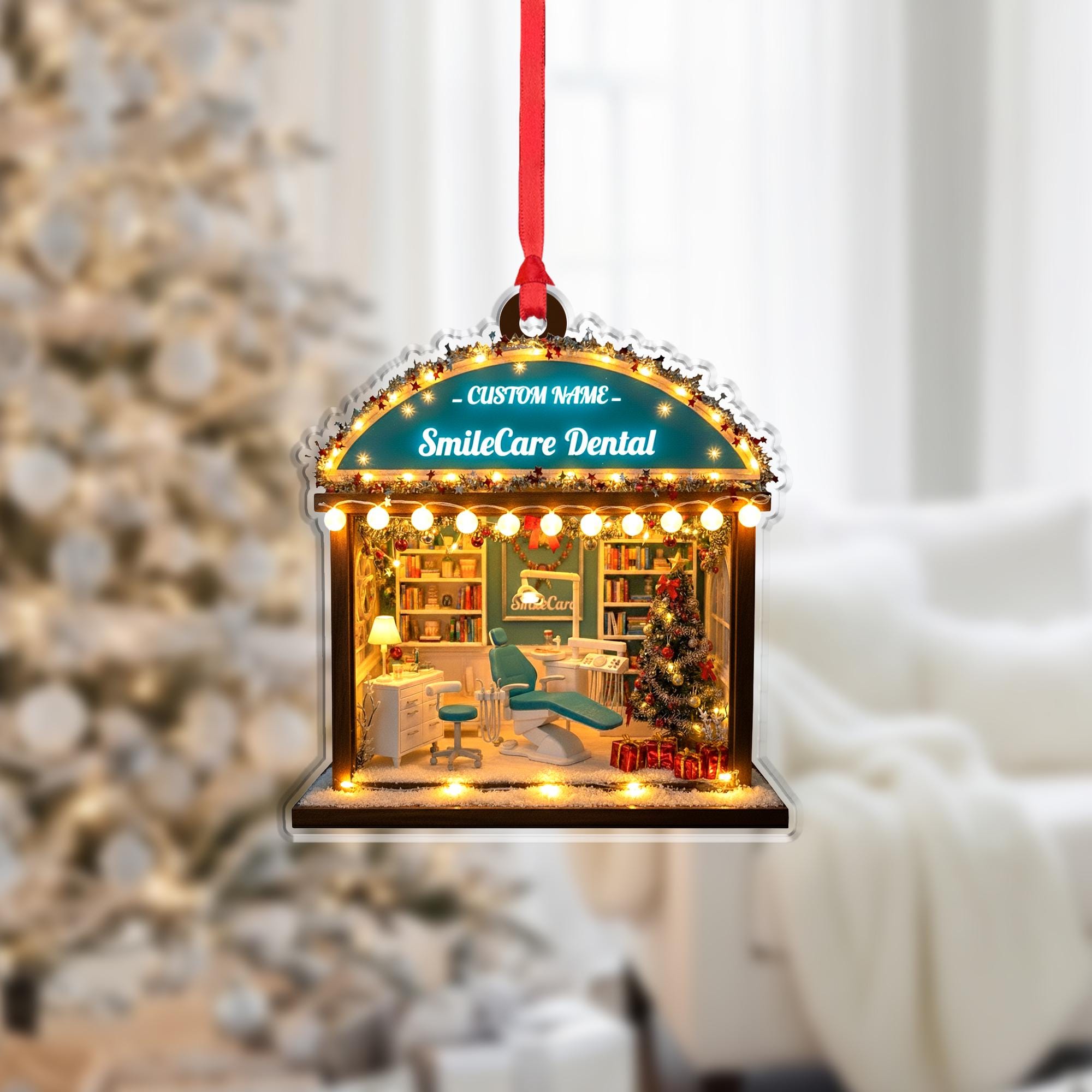 Dentist Clinic Acrylic Ornament – Isometric Mini Office Diorama, Custom Name, Tree Decor