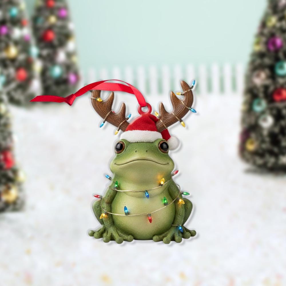 Frog Christmas Ornament – Holiday Tree Decoration with Reindeer Antlers and Santa Hat