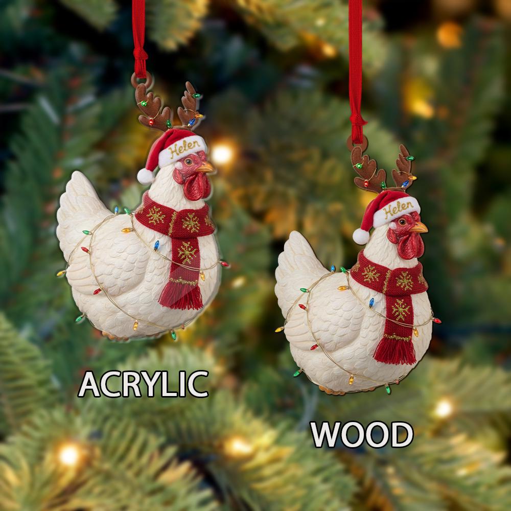 Personalized Chicken Ornament – Christmas Tree Decoration with Santa Hat, Scarf, and Lights