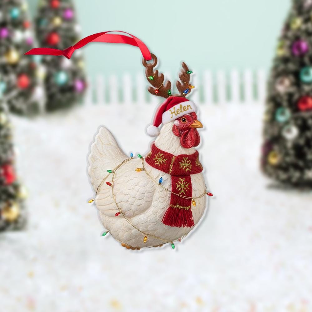 Personalized Chicken Ornament – Christmas Tree Decoration with Santa Hat, Scarf, and Lights