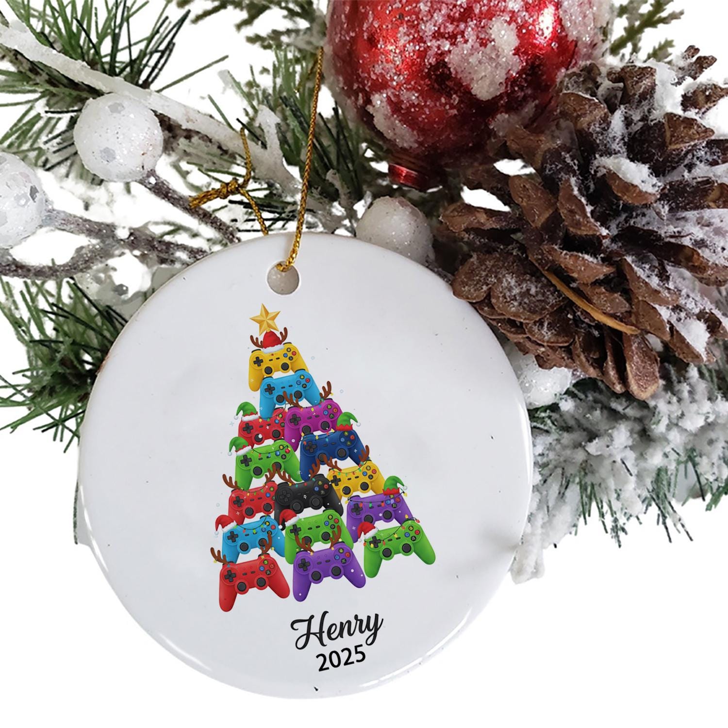 Personalized Gamer Ornament – Custom Name Christmas Tree Decoration with Game Controller Design