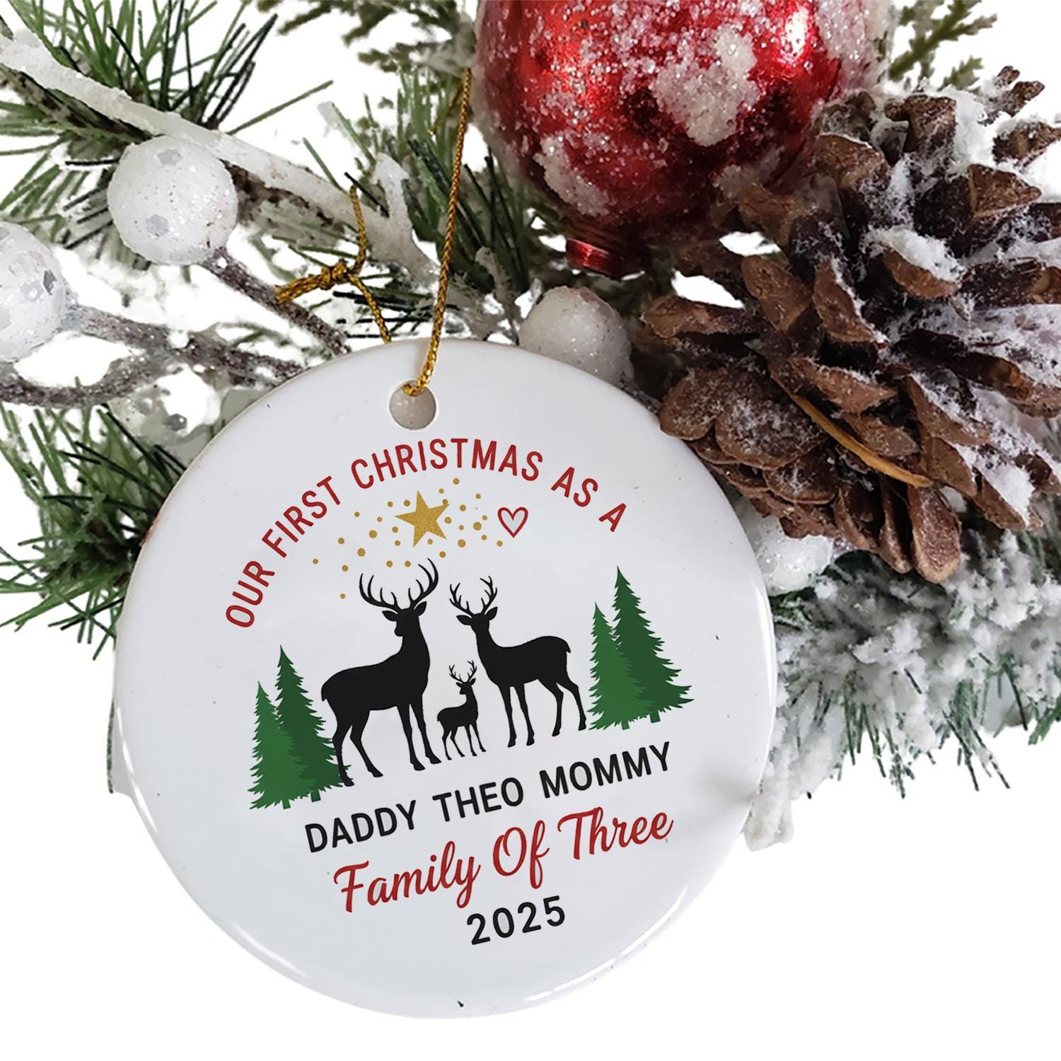 Personalized Family Ornament – Custom Name Christmas Tree Decoration with Deer and Forest Design