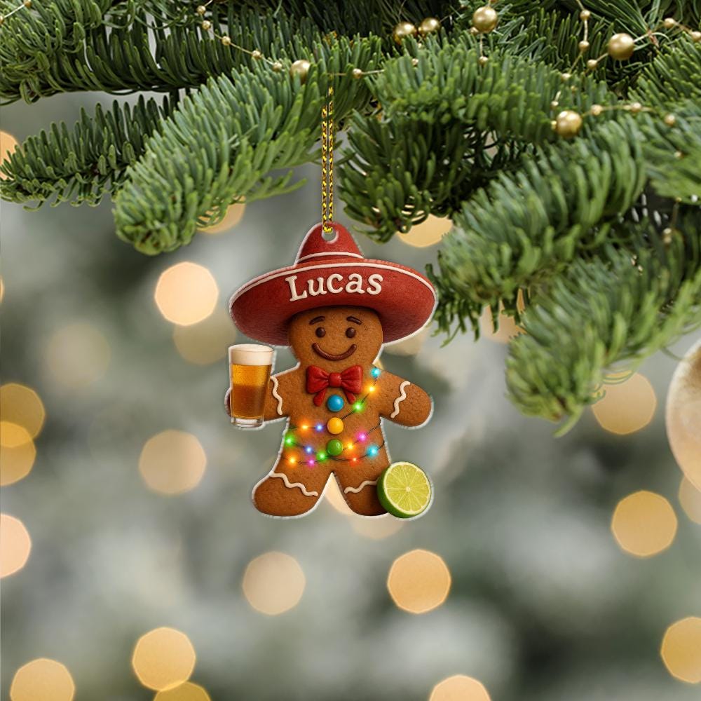 Personalized Gingerbread Man Ornament: Mexican Sombrero, Beer Mug Christmas Decor