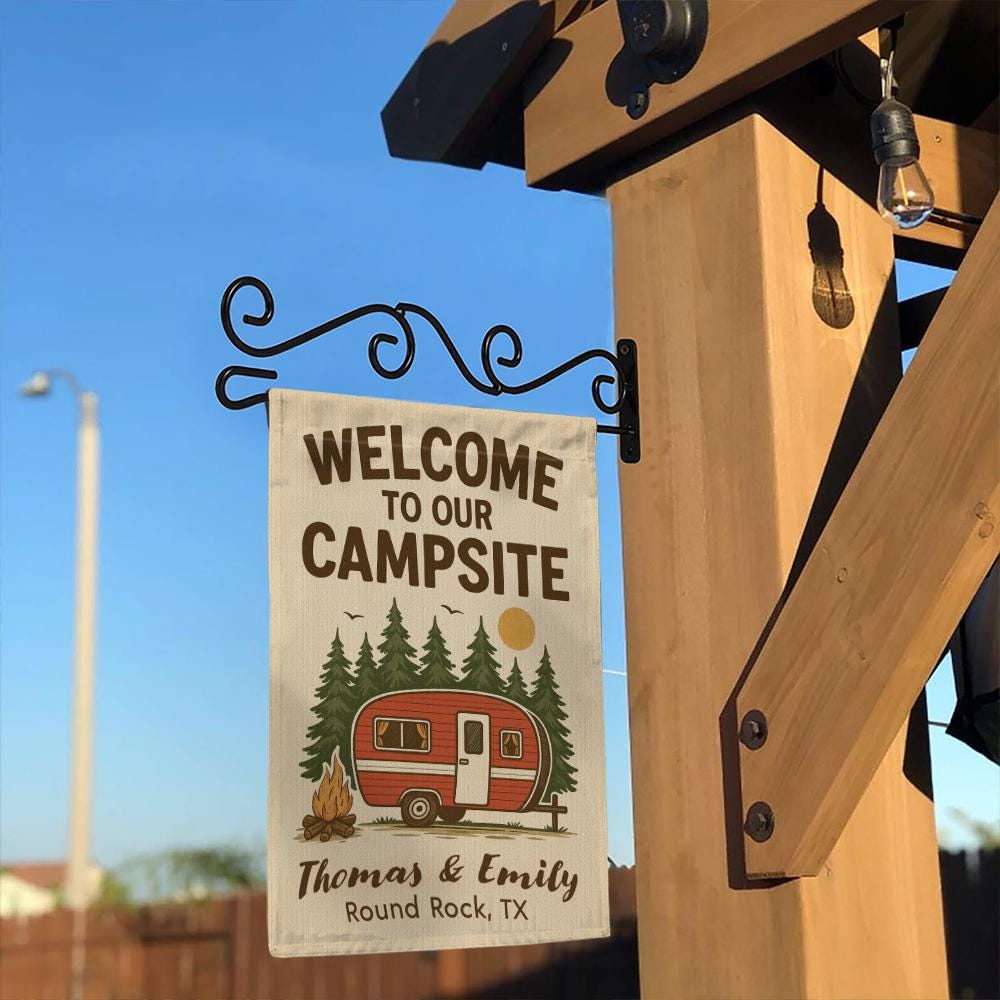 Personalized Campsite Flag – Custom Outdoor Decoration with Camper, Fire, and Pine Trees