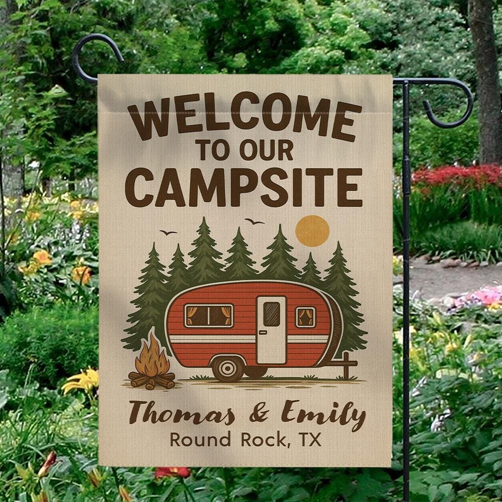 Personalized Campsite Flag – Custom Outdoor Decoration with Camper, Fire, and Pine Trees