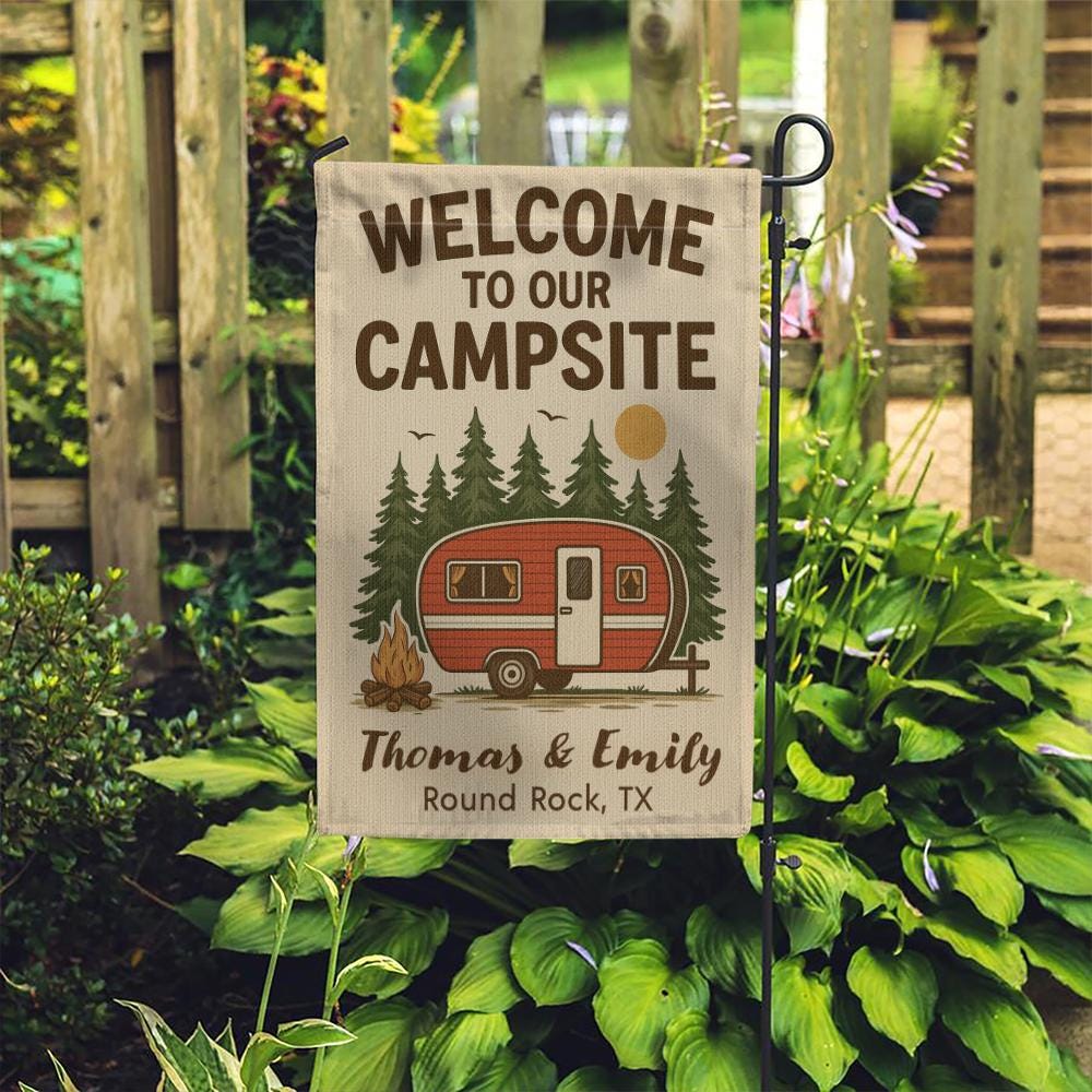 Personalized Campsite Flag – Custom Outdoor Decoration with Camper, Fire, and Pine Trees